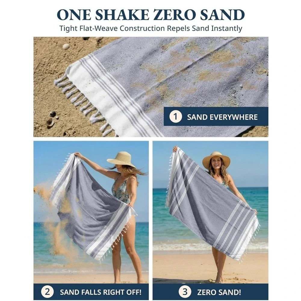 Lane Linen Turkish Beach Towels 2 Pack 39x71 Blue New Sand Free Quick Dry Fringe